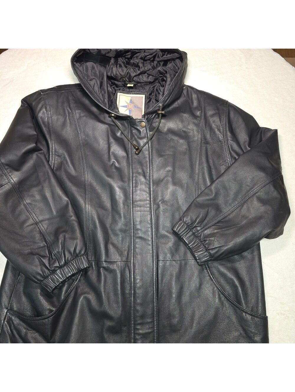 Vintage Middlebrook Park Black Leather Hooded Jacket Coat Quilted Men's L 90s